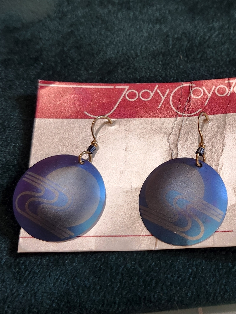 1980s Jody Coyote Moon River Pattern Blue Anodized Aluminum Round Earrings